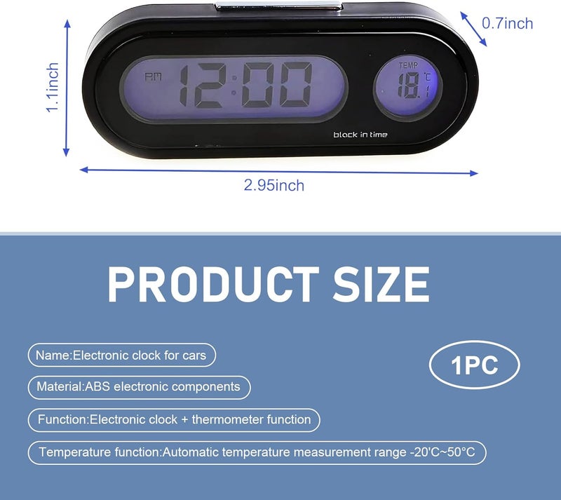 MLY 1 PC 2-in-1 Car Digital Clock & Thermometere Display, Blue Backlight LED Dashboard with Adhesive Mount, Universal Small Digital Clock Power Operated for Vehicles & Home Use (Black) - Image 2